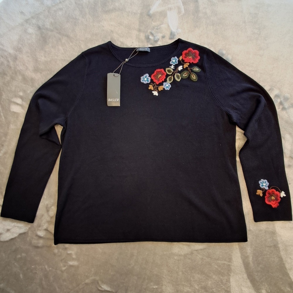 Basler Embroidered RUBY Sweater Womens US Size 14 Floral Navy Crewneck EU 44 NWT